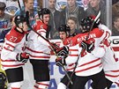 Radost kanadských hokejist z gólu do finské sít ve tvrtfinále MS hrá do 20...