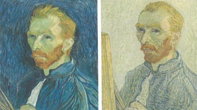 Vlevo: Vincent van Gogh - Autoportrét (1889), vpravo Anonym: Portrét Vincenta van Gogha (1925-1928); obě díla jsou v National Gallery, Washington, D. C.
