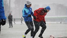 Fotbalisté Plzně si na prvním tréninku v roce 2016 zakopali na sněhovém...