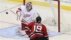 Branká� Petr Mrázek z Detroitu �elí �anci Travise Zajace z New Jersey.