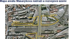 Mapa pozemk praského Masarykova nádraí.