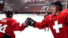 Švýcarský junior Pius Suter (24) přijímá gratulaci ke gólu proti Bělorusku.