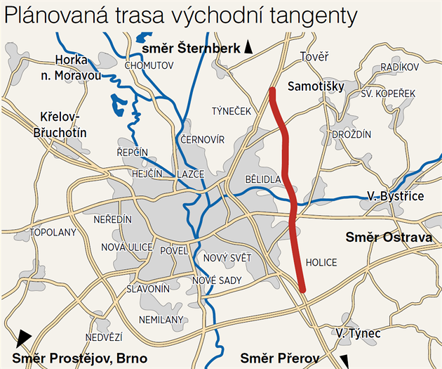 Plánovaná trasa východního obchvatu Olomouce, takzvané východní tangenty.