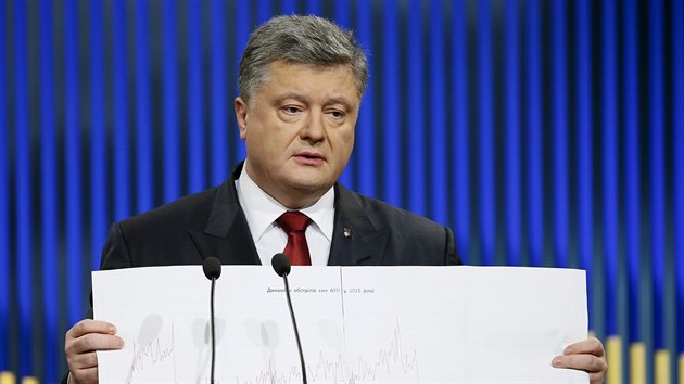 Ukrajinsk prezident Petro Poroenko na tiskov konferenci v Kyjev. (14. ledna 2016)