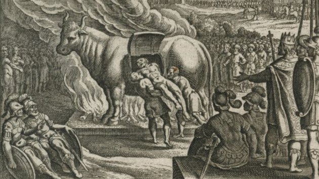 Falaris nechává vsadit do bronzového býka jeho tvůrce Perilla. Takto scénu zachytil Matthäus Merian the Elder.