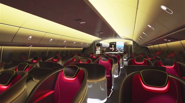 Návrh interiéru letadla nové generace podle Boeingu - strop kabiny cestujících pokrývá projekce hvězdné oblohy, na zaoblených obrazovkách se promítají informace o letu i filmy. Posuvné dveře mezi jednotlivými třídami jsou automatické a sahají od podlahy ke stropu.