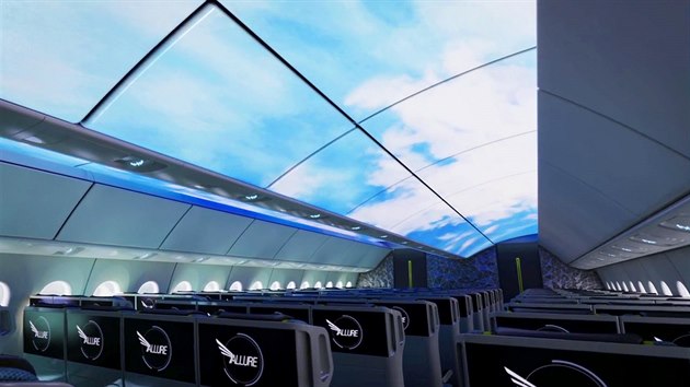 Studie inovativního osvětlení kabiny boeingu. Na strop se má promítat obloha, v noci hvězdná.
