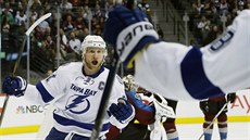 Steven Stamkos z Tampa Bay slaví svj gól a vrhá se do nároe Ondeje Paláta.