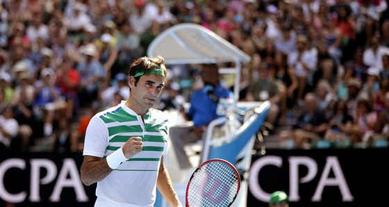 VÝCAROVA RADOST. Roger Federer slaví zisk fiftýnu ve tvrtfinále Australian...
