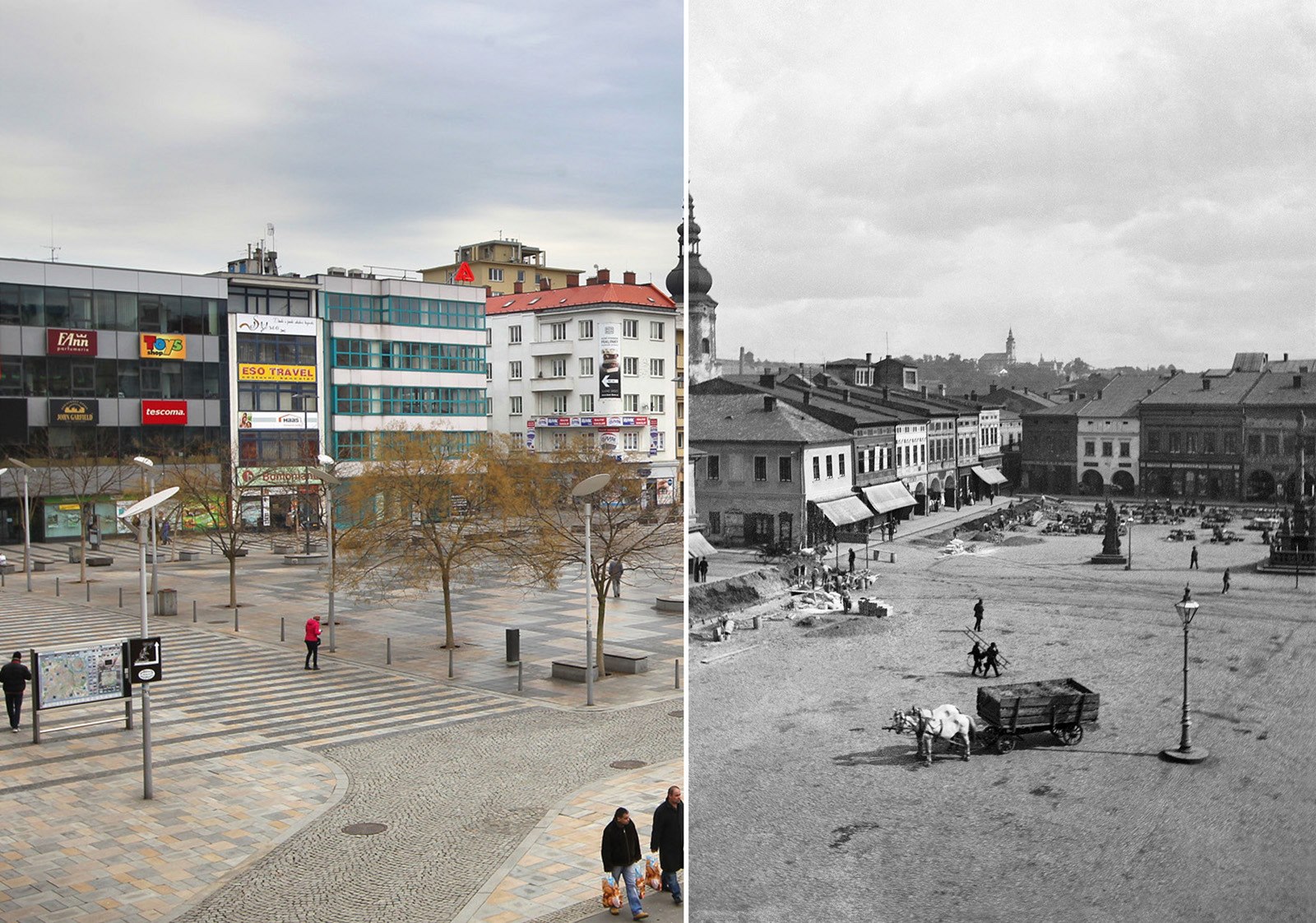 Masarykovo nám�stí v Ostrav� dnes a na historickém snímku z roku 1890.
