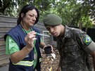 Zdravotnice ze Sao Paula ukazuje vojákovi larvu komára egyptského