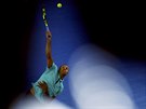 Francouzský tenista Jo-Wilfried Tsonga podává v utkání 3. kola Australian Open.
