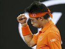 Japonský tenista Kei Niikori slaví postup do 4. kola Australian Open.