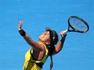 eská tenistka Barbora Strýcová podává v osmifinále Australian Open.