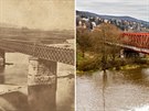 Most pes Berounku v Horních Mokropsech v roce 1872 a na aktuálním snímku