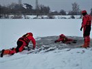 Hasii v Praze u Lahovického mostu nacviovali záchranu lovka, pod ním se...