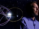 Profesor Mike Brown speaks a jeho nákres obné dráhy planety Devt kolem...