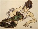 Egon Schiele: Lec ena v zelench punochch (z vstavy...