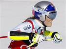 Lindsey Vonnová a její radost v cíli superobího slalomu v Cortin d'Ampezzo