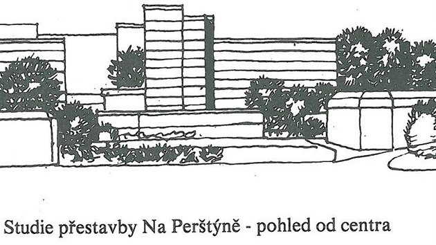 Pohled na chystanou panelovou zástavbu Perštýna, rok 1980.