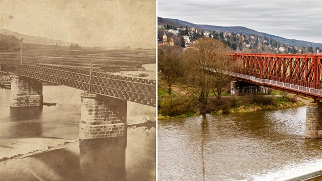Most pes Berounku v Hornch Mokropsech v roce 1872 a na aktulnm snmku