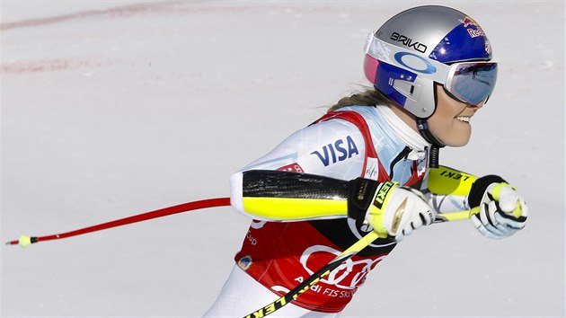 Lindsey Vonnov a jej radost v cli superobho slalomu v Cortin d'Ampezzo