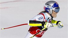 Lindsey Vonnová a její radost v cíli superobího slalomu v Cortin d'Ampezzo