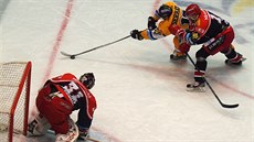 Litvínovský úto�ník Franti�ek Gerhát bekhendem st�ílí na hradeckého branká�e...