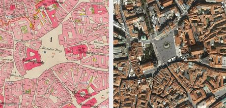 Katastrální mapa okolí Staromstského námstí z let 1840 - 1843 v porovnání s...