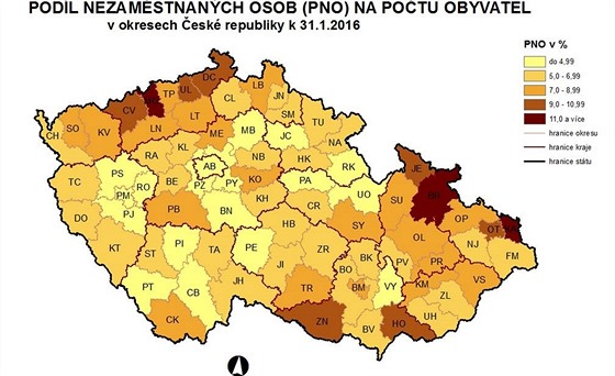 Mapa nezamstnanosti - leden 2016.