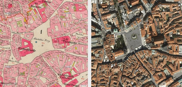 Katastrální mapa okolí Staromstského námstí z let 1840 - 1843 v porovnání s...