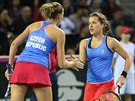 DOBRÝ MÍ. Karolína Plíková a Barbora Strýcová v deblovém utkání Fed Cupu v...