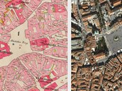 Katastrální mapa okolí Staroměstského náměstí z let 1840 - 1843 v porovnání s...