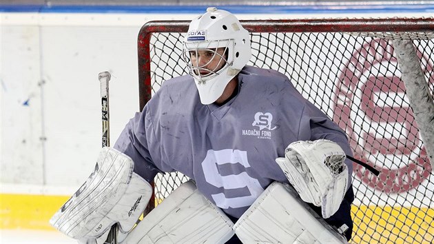 NOV POSILA. Kanadsk hokejov brank Danny Taylor piel do Sparty.