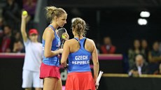 JAK TO UDLÁME? Karolína Plíková a Barbora Strýcová v deblovém utkání Fed Cupu...