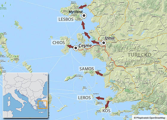 Nejčastější trasy běženců z Turecka na řecké ostrovy. Na nich se plánuje...
