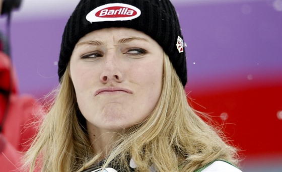 Mikaela Shiffrinová a její výraz po vítzství ve slalomu v Crans Montan.