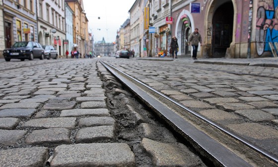 Stav tramvajové trati v centru Olomouce v ulici 8. května a na vedlejší třídě...