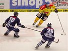 Kapitán eskobudjovických hokejist Josef Straka se snaí pejít pes soupee...