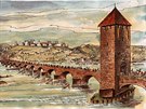 Rekonstrukční kresba kamenného mostu.  V letech 1158 – 1172 byl zbudován...