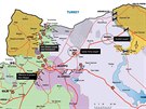 Mapa boj v severní Sýrii k prosinci 2015 ukazuje oblasti obývané etnickými...