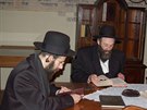 Brittí chasidé ve studovn rabína acha v pate holeovské synagogy