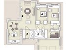 Pdorys domu: 1/ kuchy, 2/ obývací pokoj, 3/ vstup, 4 + 5/ lonice, 6/...