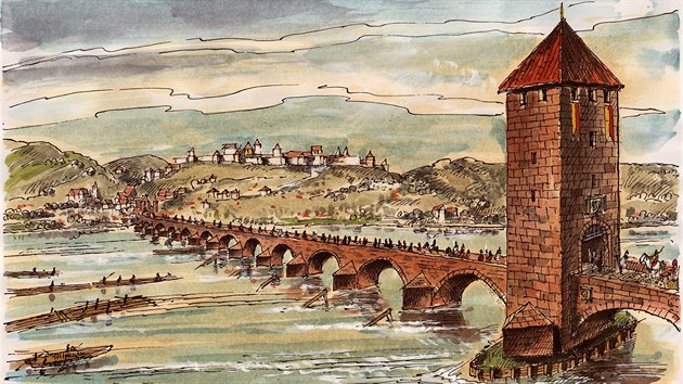 Rekonstrukn kresba kamennho mostu.  Vletech 1158  1172 byl zbudovn romnsk Juditin most, kter slouil svmu elu a do roku 1342, kdy byl pokozen mohutnou povodn. Vprbhu 14. stolet byl postupn nahrazen vtm kamennm mostem, kter se dochoval dodnes. Severn od Karlova mostu by mly bt na dn eit zachovny zbytky pil Juditina mostu.