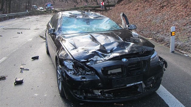 Auto, na které spadl strom na silnici v Buchlovských horách.
