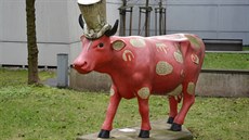 Červená kráva patřící vydavatelství MAFRA se spokojeně pase na dvoře.