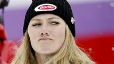 Mikaela Shiffrinová a její výraz po vítzství ve slalomu v Crans Montan.