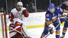 Marek idlický (28) z New York Islanders pekonává detroitského gólmana Jimmyho...