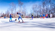 Michal lesingr (s íslem 14) na trati stíhaky v Presque Isle.