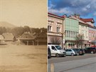 Námstí v Ronov pod Radhotm kolem roku 1869 a dnes.